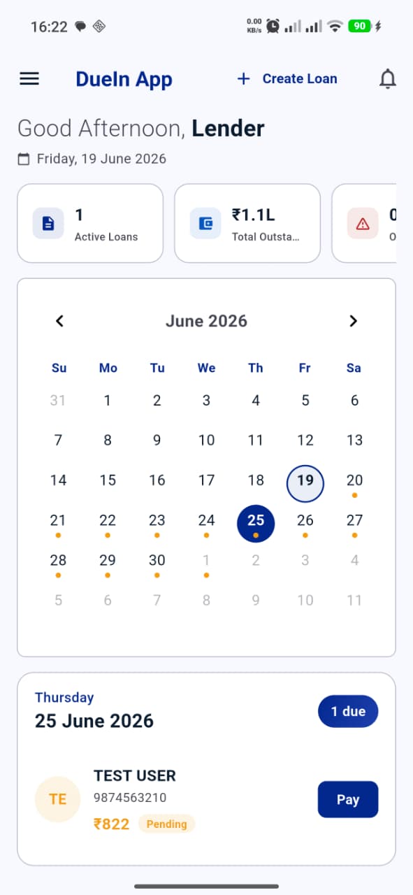 DueIn App Dashboard Preview